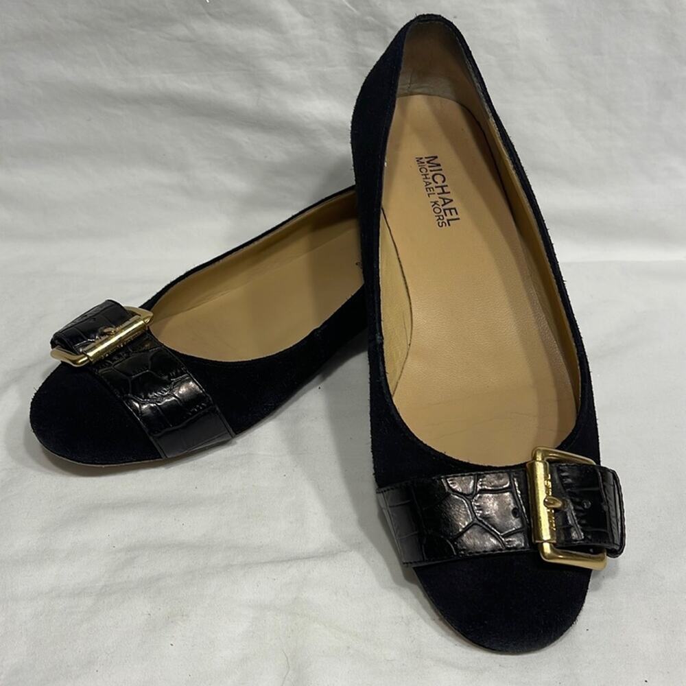 Michael Kors Women's Black Suede Leather Gold Buckle Flats Shoes Office Size 8M